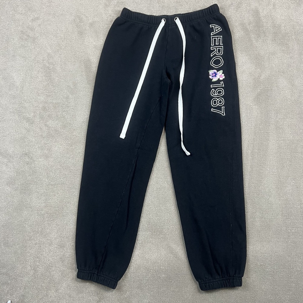 Aeropostale Joggers Womens Medium Black Aero 1987 Floral Embroidered Sweatpants